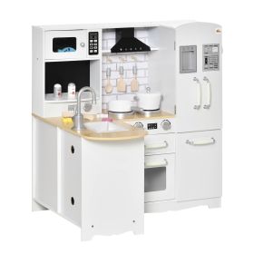 Qaba Large Kids Kitchen with Set, Pretend Wooden Cooking Toy Set with of Sound Effect, Microwave, Refrigerator, Simulation Faucet, White