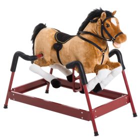 Qaba Kids Plush Rocking Horse Toy, Toddler Spring Rocker Rocking Horse With Realistic Sounds, for Children 3+ Years Old, Brown