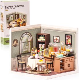 ROBOTIME DIY Miniature House Kit, Tea House Dollhouse Model Building Craft Kit With LED For Adults And Kids, Birthday Gift DW011 (Option: DW011)